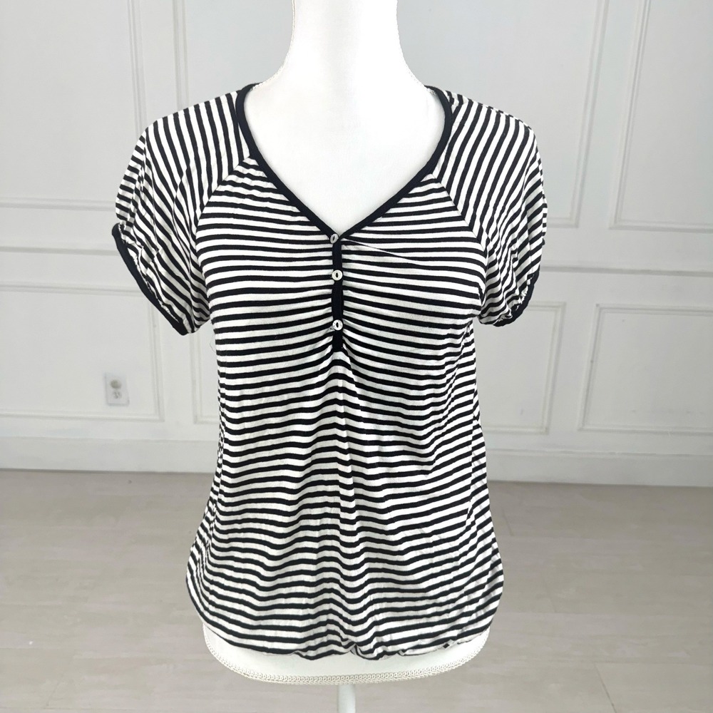 Max Studio Striped Blouson Top Womens Large Black Ivory‎ Henley Short Sleeve NEW